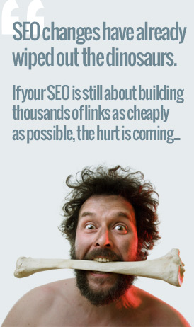 caveman showing problems with old seo methods post panda and penguin